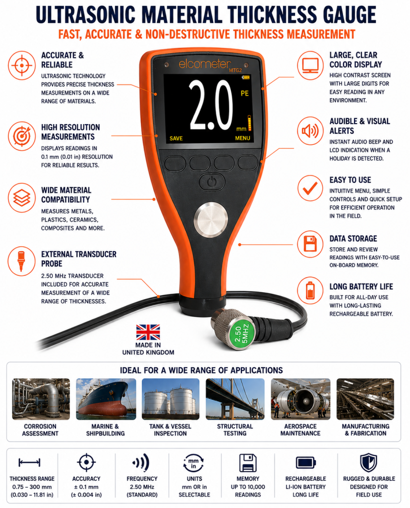 MTG2 Ultrasonic Material Thickness Gauge with Transducer